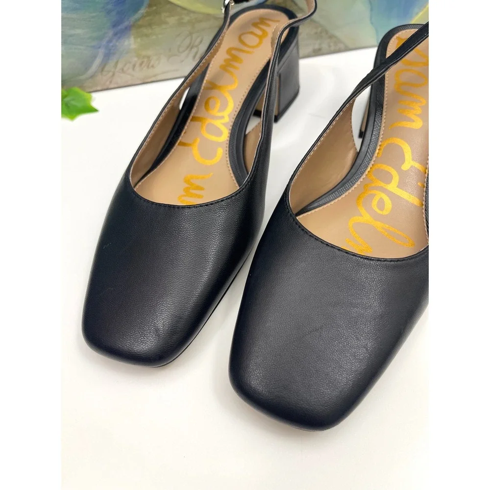Sam Edelman Tarra Black Leather Square Toe Slingback Block Heel Pumps Womens 6.5 - Picture 6 of 12